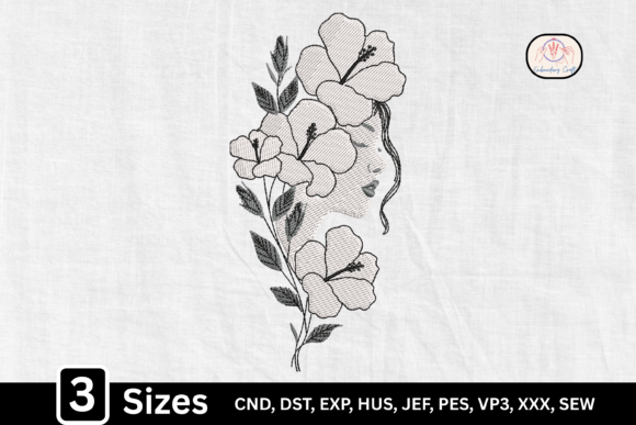 Hibiscus Portrait Floral Woman Face for Sweatshirt Embroidery